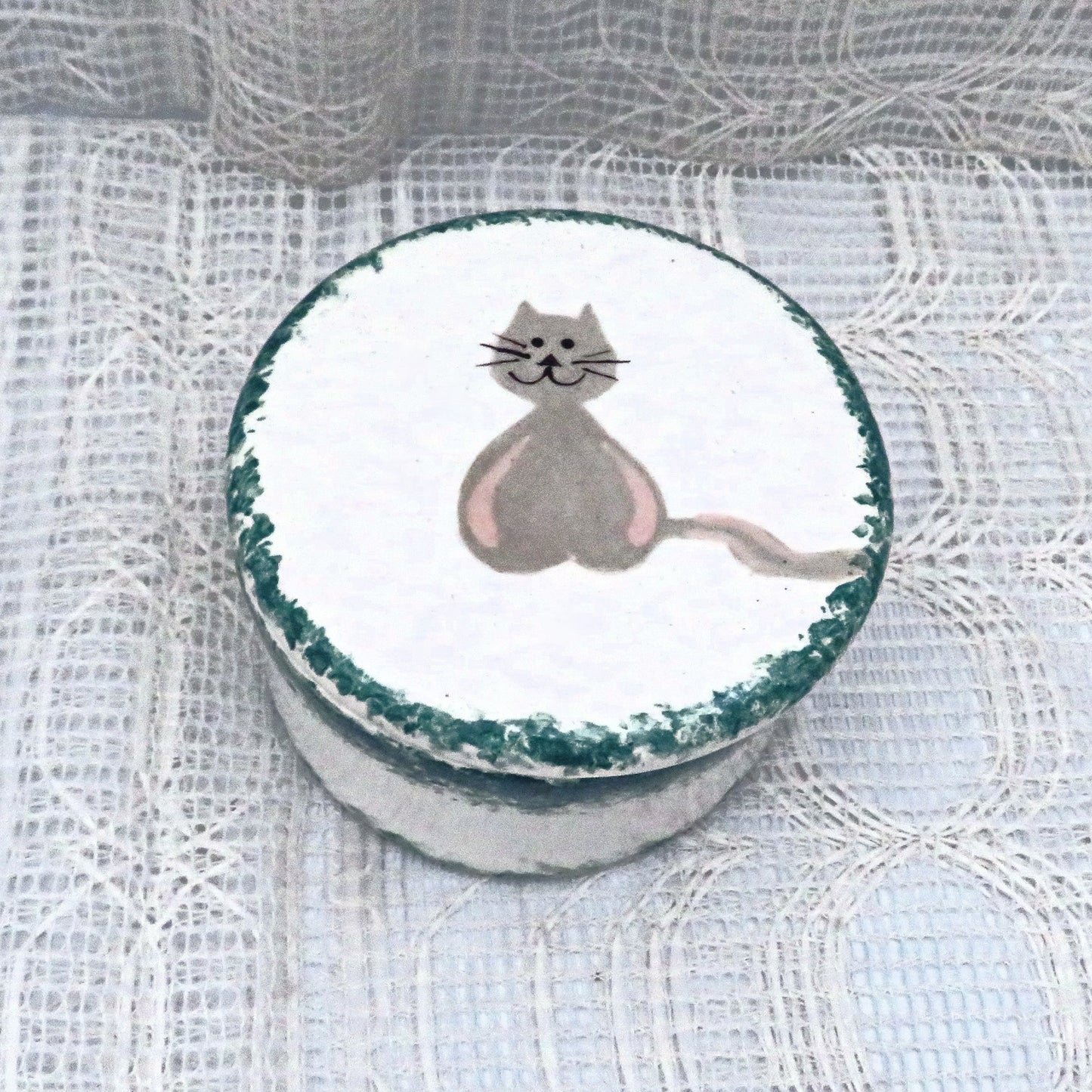 Handmade White Ceramic Trinket Dish with Cat, Prayer Box, Cat Lover Gift,