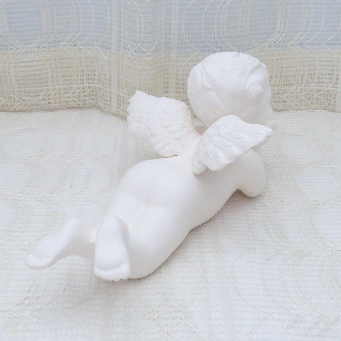 Ready to Paint Ceramic Cherub on Tummy with Head on Hands Large Size, Paintable Angel, Christening Gift, Baptism Gift
