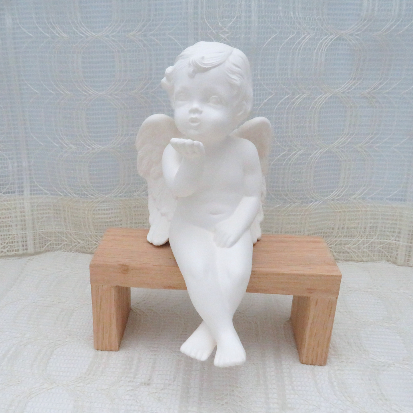 Ready to Paint Ceramic Cherub Figurine Blowing Kisses Sitting on a Bench, Paintable Ceramic Angel Statue, Ceramic Cherub For You To Paint