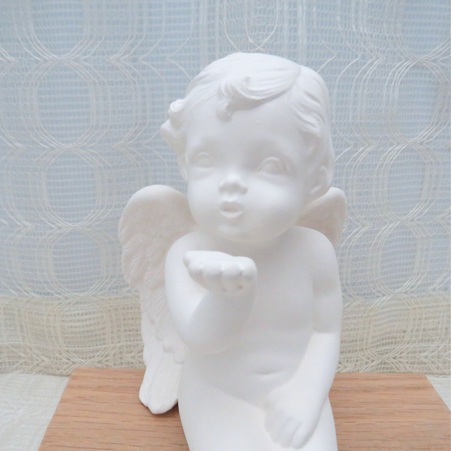 Ready to Paint Ceramic Cherub Figurine Blowing Kisses Sitting on a Bench, Paintable Ceramic Angel Statue, Ceramic Cherub For You To Paint
