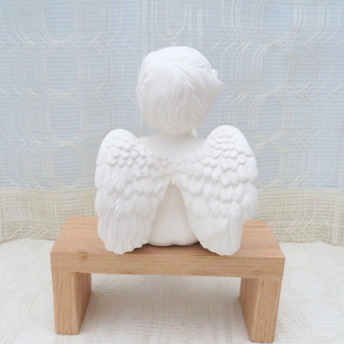 Ready to Paint Ceramic Cherub Figurine Blowing Kisses Sitting on a Bench, Paintable Ceramic Angel Statue, Ceramic Cherub For You To Paint