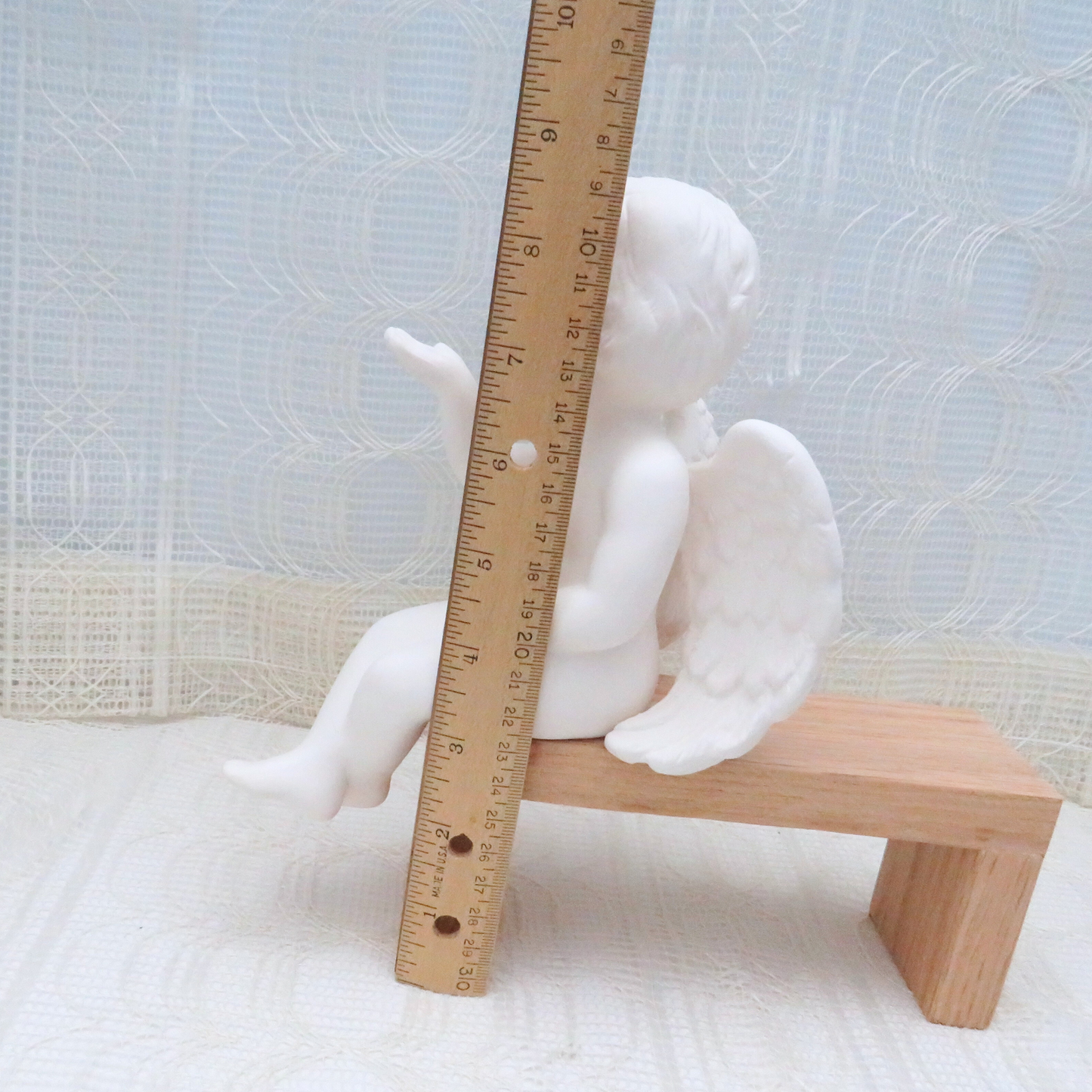 Ready to Paint Ceramic Cherub Figurine Blowing Kisses Sitting on a Bench, Paintable Ceramic Angel Statue, Ceramic Cherub For You To Paint