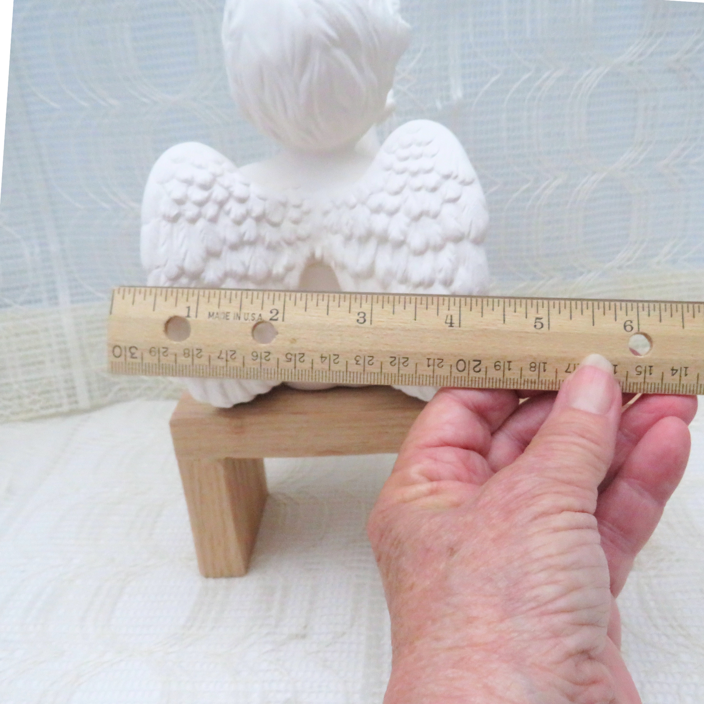 Ready to Paint Ceramic Cherub Figurine Blowing Kisses Sitting on a Bench, Paintable Ceramic Angel Statue, Ceramic Cherub For You To Paint