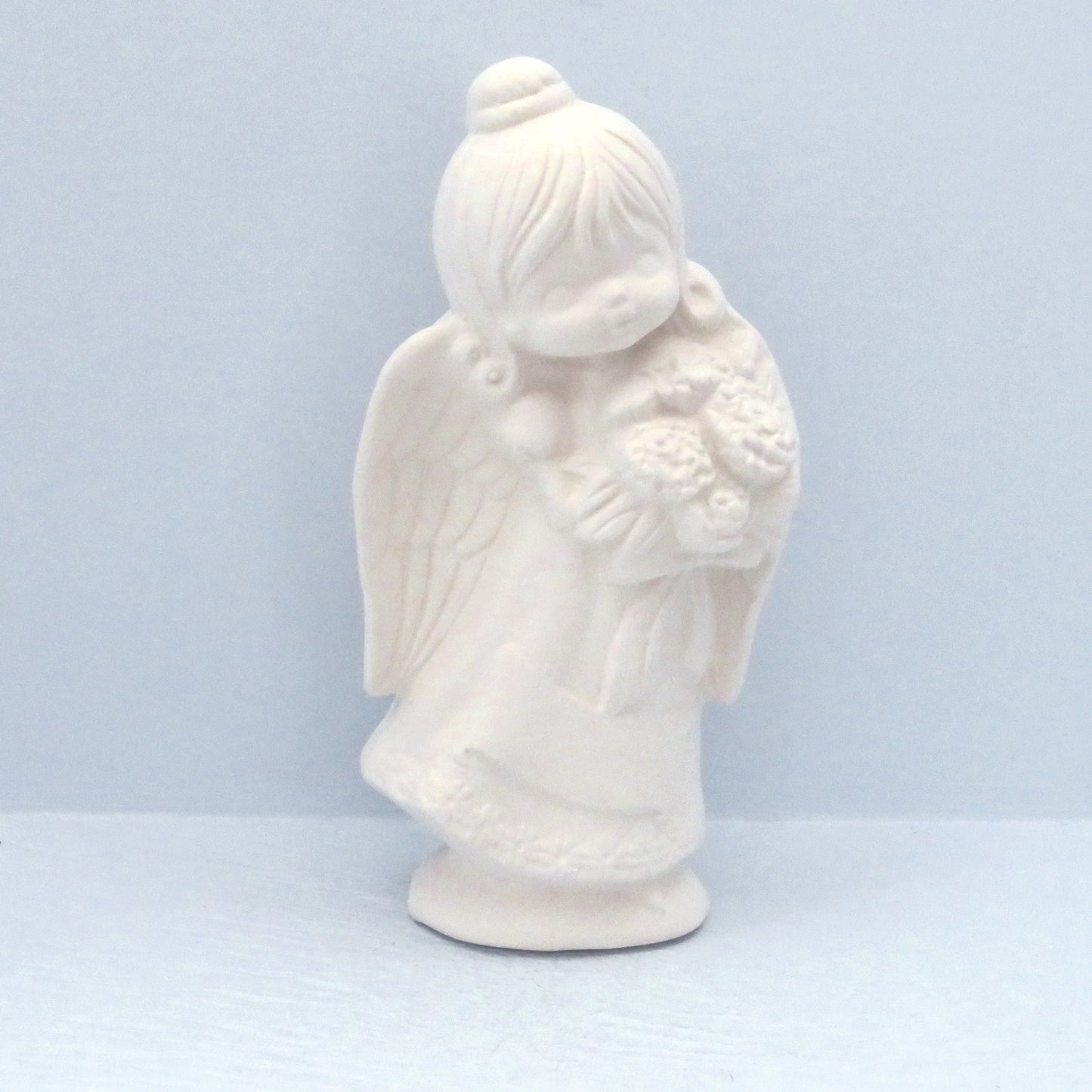 Handmade Ready to Paint Ceramic Angel Figurine Holding Flowers