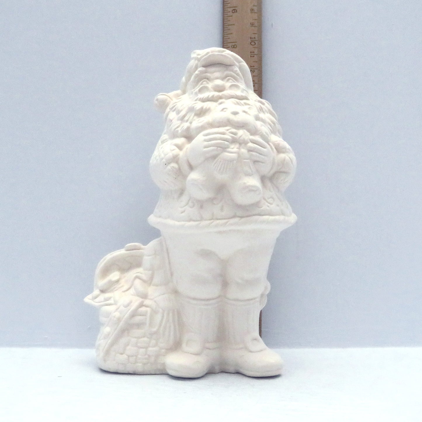 Handmade Ready to Paint Ceramic Santa Figurine with Toys, Paintable Ceramic Christmas Decor