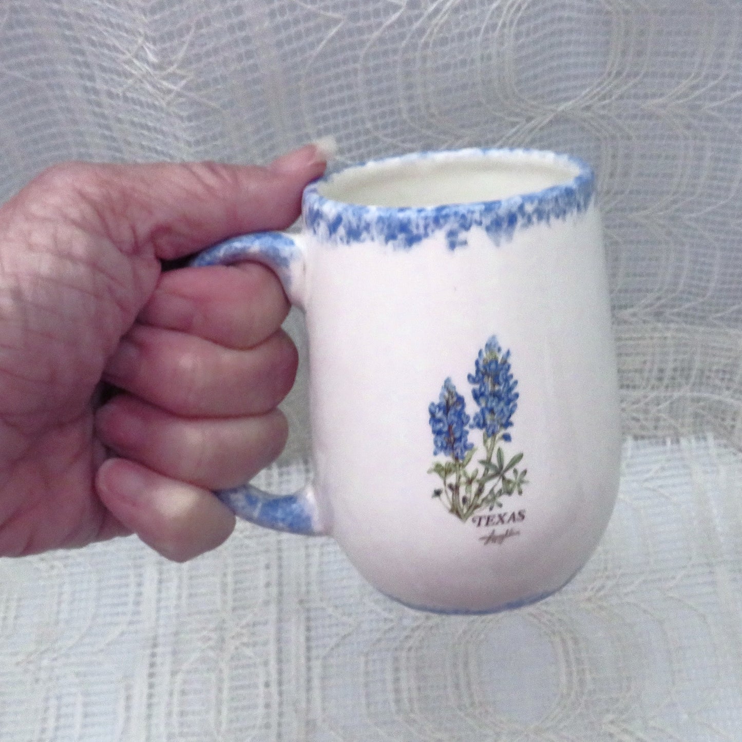 Handmade White Coffee Mug with Bluebonnet and Blue Trim, 10 Ounce Floral Ceramic Coffee Cup, Texas Decor, Texas Style Mug