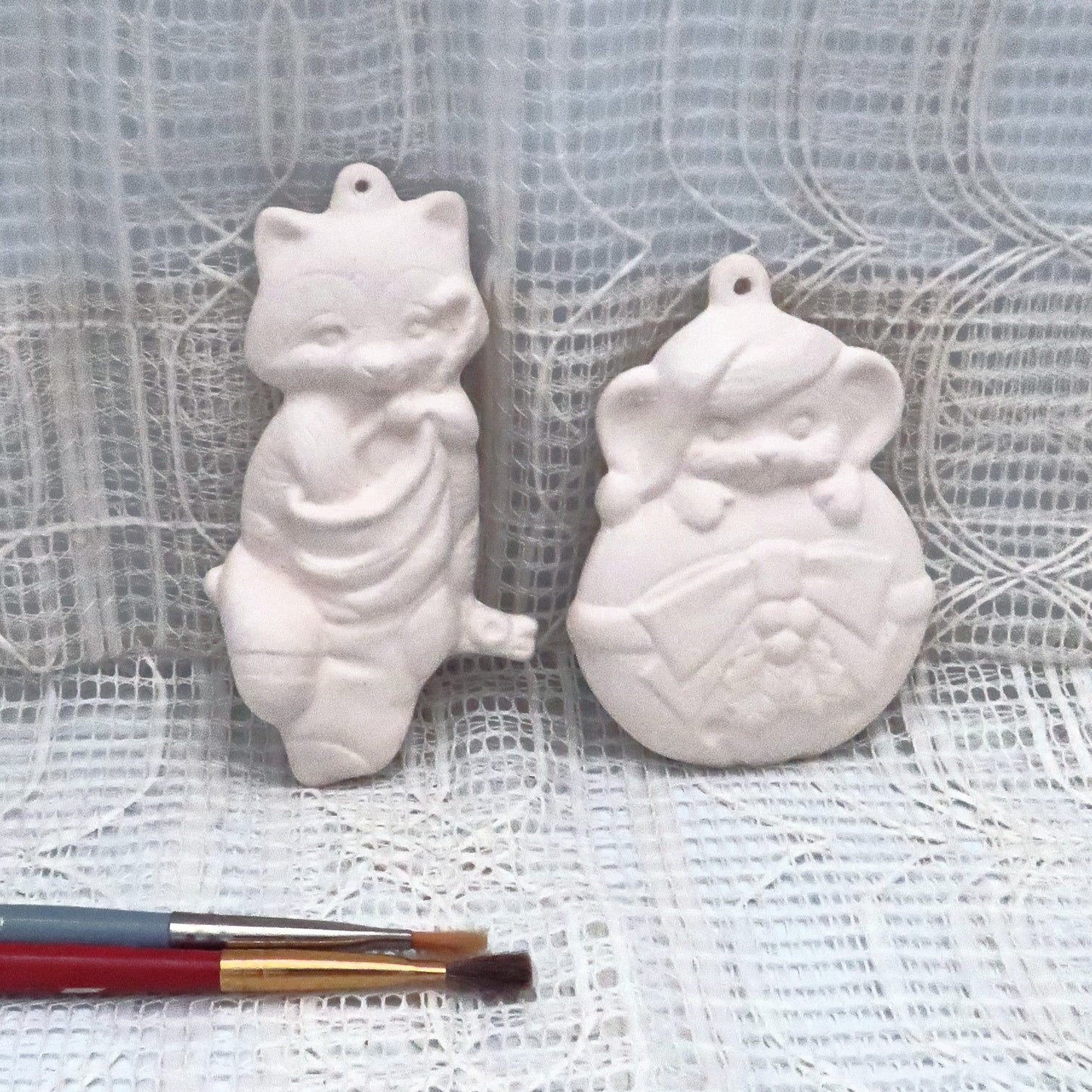 Ready to Paint Ceramic Cat and Mouse Christmas Tree Ornaments, Unpainted Christmas Decor