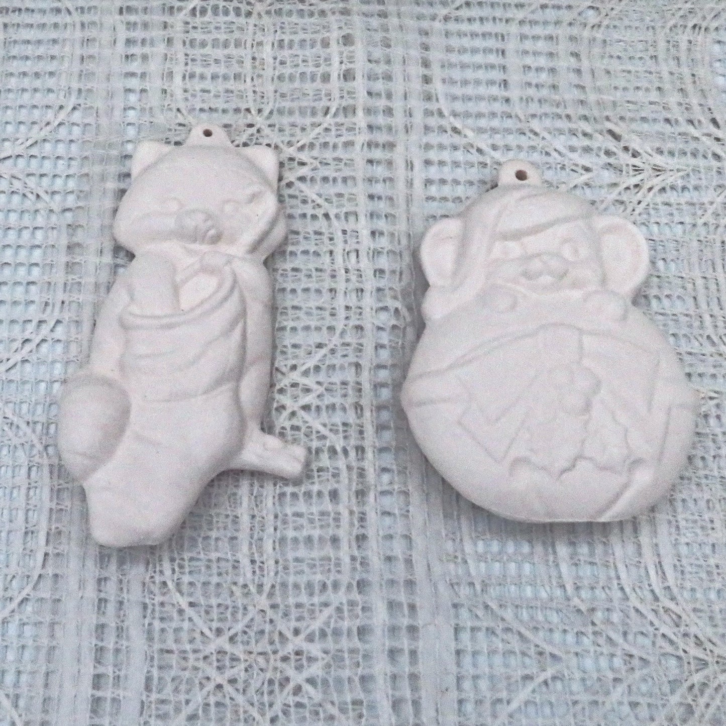 Ready to Paint Ceramic Cat and Mouse Christmas Tree Ornaments, Unpainted Christmas Decor