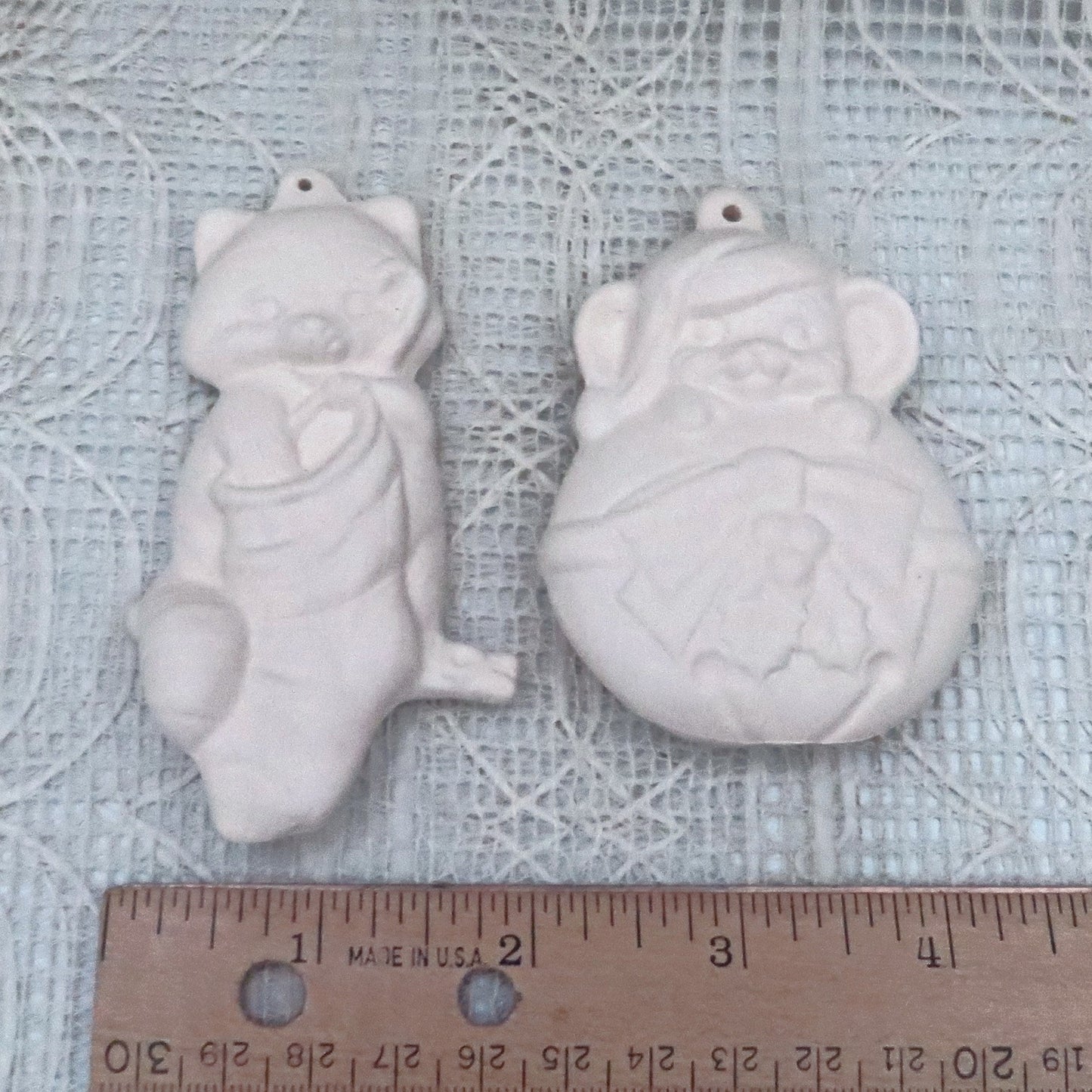 Ready to Paint Ceramic Cat and Mouse Christmas Tree Ornaments, Unpainted Christmas Decor