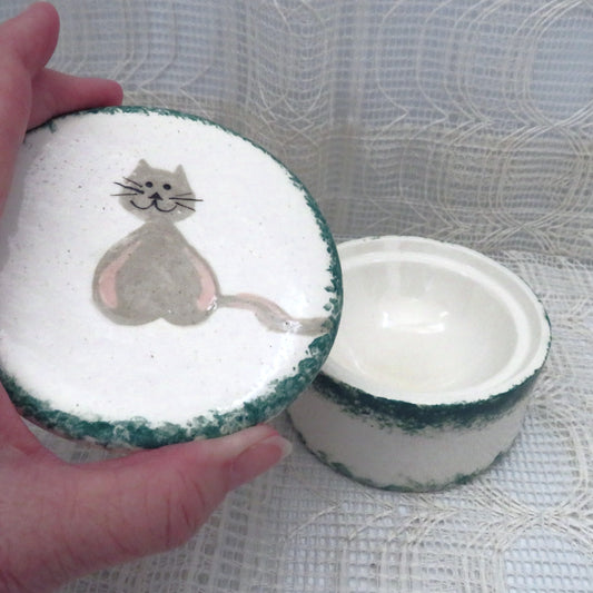 Handmade White Ceramic Trinket Dish with Cat, Prayer Box, Cat Lover Gift,