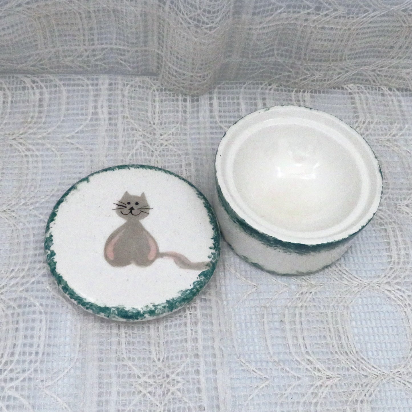 Handmade White Ceramic Trinket Dish with Cat, Prayer Box, Cat Lover Gift,