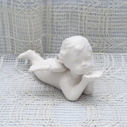Paintable Ceramic Cherub Figurine Blowing Kisses, Handmade Ready to Paint Ceramic Angel Statue On Tummy