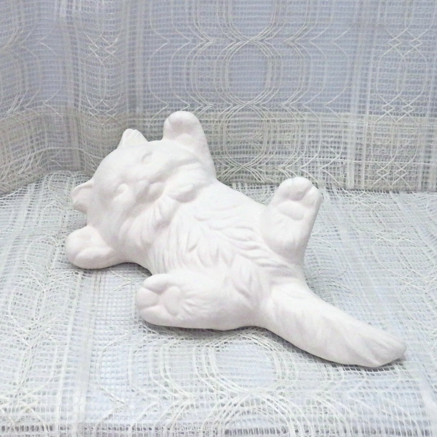 Handmade Paintable Ceramic Kitten on Back, Ready to Paint Playful Cat on Back, Unpainted Ceramic Kitty Statue, Paintable Ceramics,