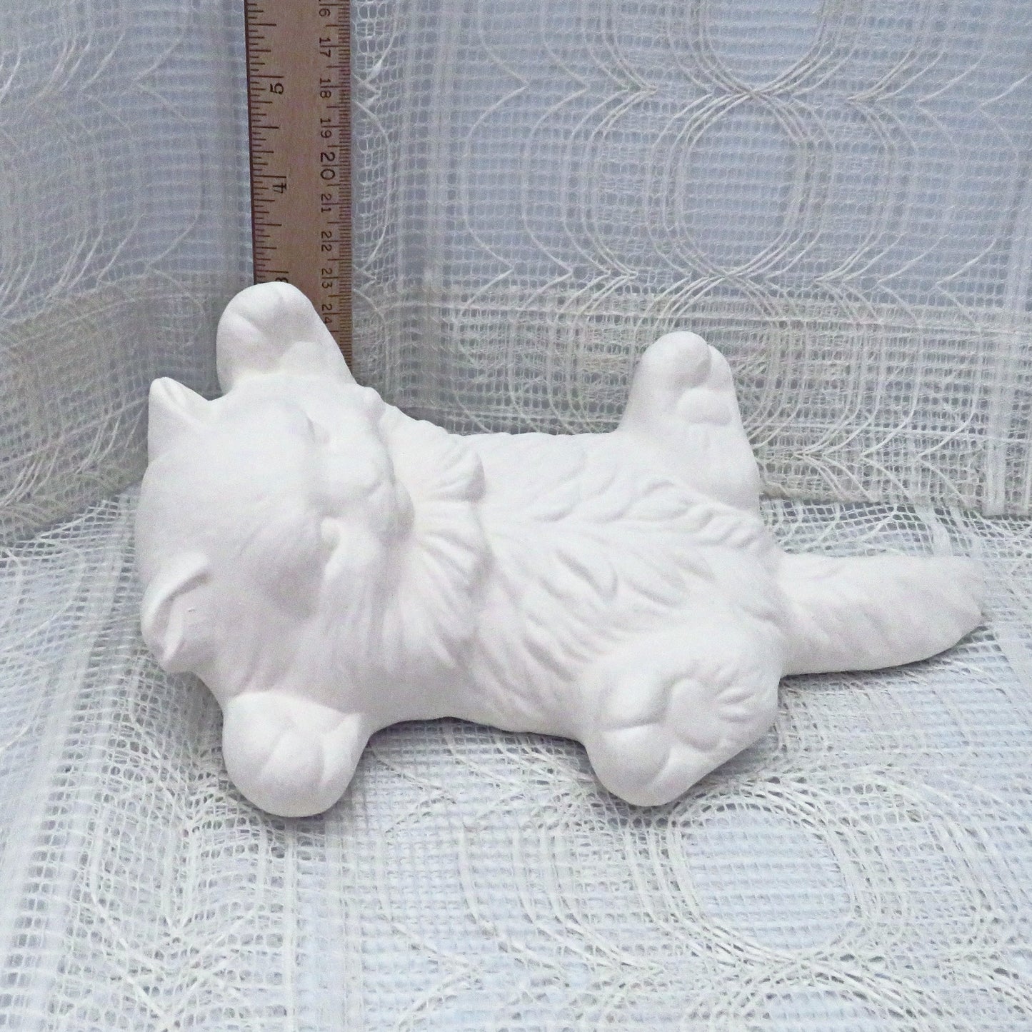 Handmade Paintable Ceramic Kitten on Back, Ready to Paint Playful Cat on Back, Unpainted Ceramic Kitty Statue, Paintable Ceramics,