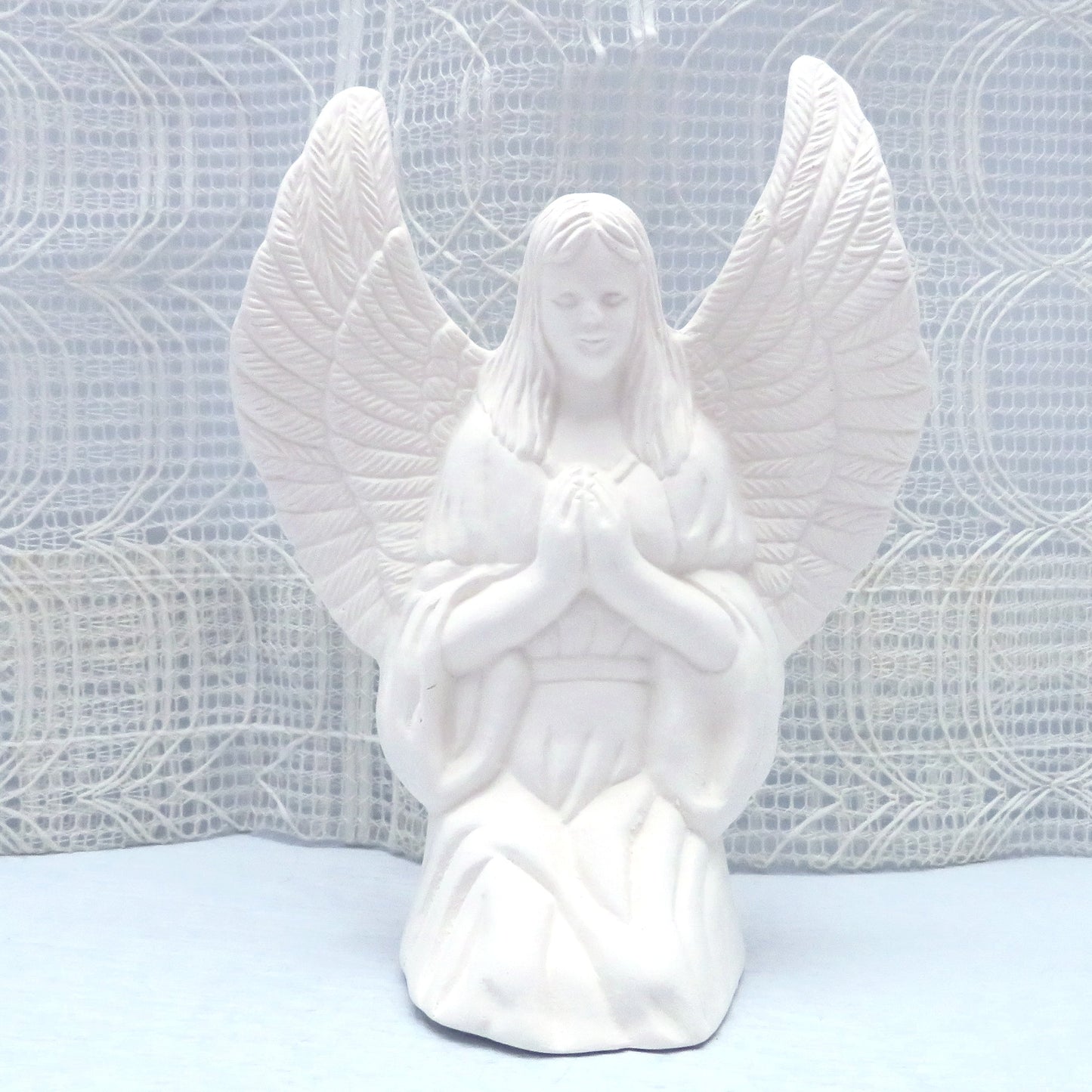 Handmade Paintable Ceramic Kneeling Angel Figurine, Unpainted Ceramic Kneeling Angel Statue