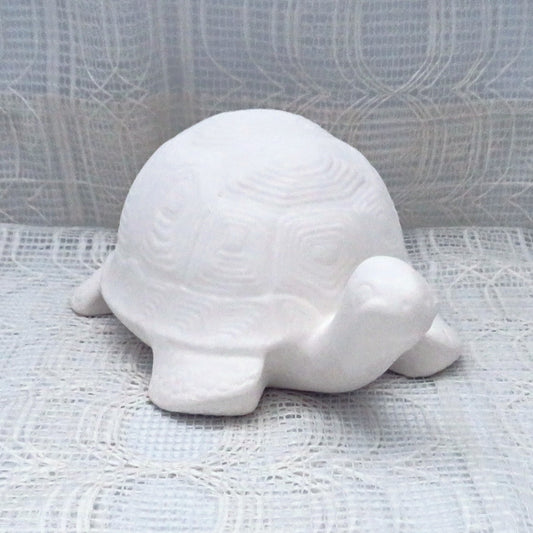 handmade ready to paint ceramic turtle figurine facing forward and to the right standing on an ecrul lacey table cloth and curtain behind it.  It has a silly epression on its face.