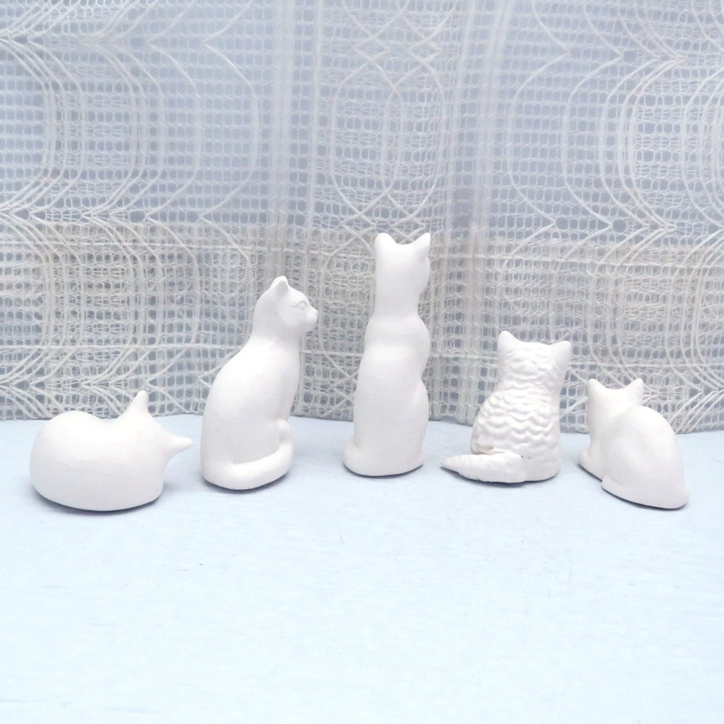 Handmade Ready to Paint Ceramic Cat Figurines, Set of 5 Unpainted Cat Statues for Cat Lovers