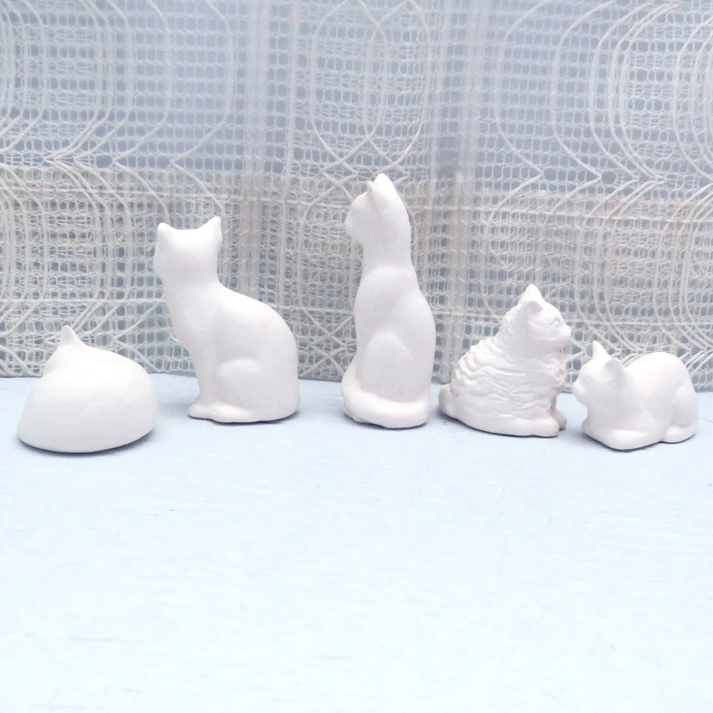 Handmade Ready to Paint Ceramic Cat Figurines, Set of 5 Unpainted Cat Statues for Cat Lovers