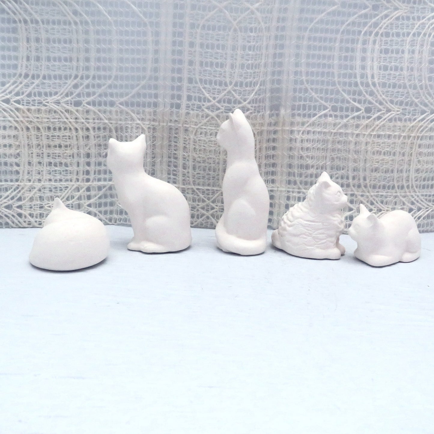 Handmade Ready to Paint Ceramic Cat Figurines, Set of 5 Unpainted Cat Statues for Cat Lovers