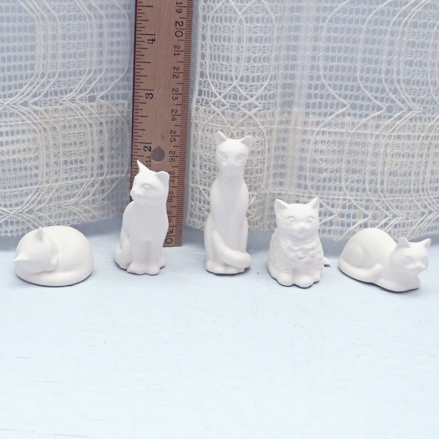 Handmade Ready to Paint Ceramic Cat Figurines, Set of 5 Unpainted Cat Statues for Cat Lovers
