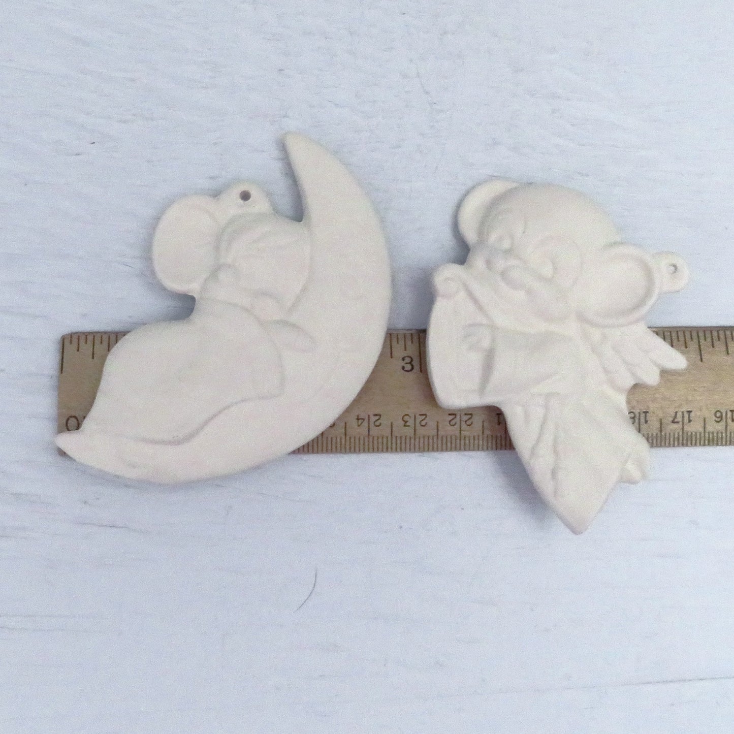 Handmade Ready to Paint Ceramic Christmas Tree Ornaments with a Mouse on a Moon and Mouse with a Harp, Paintable Ceramic Christmas Decor