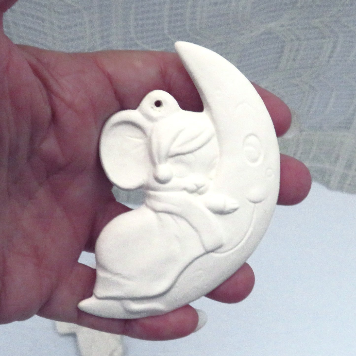 Handmade Ready to Paint Ceramic Christmas Tree Ornaments with a Mouse on a Moon and Mouse with a Harp, Paintable Ceramic Christmas Decor