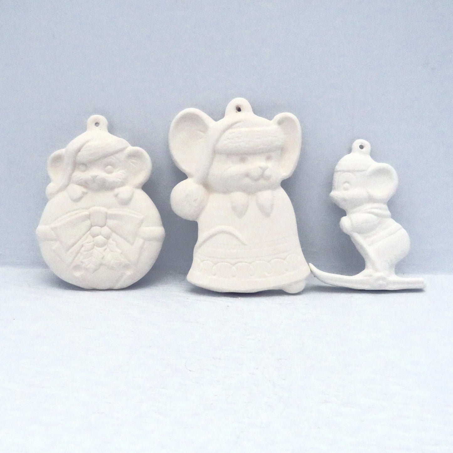 Handmade Ready to Paint Set of 3 Mouse Christmas Ornaments