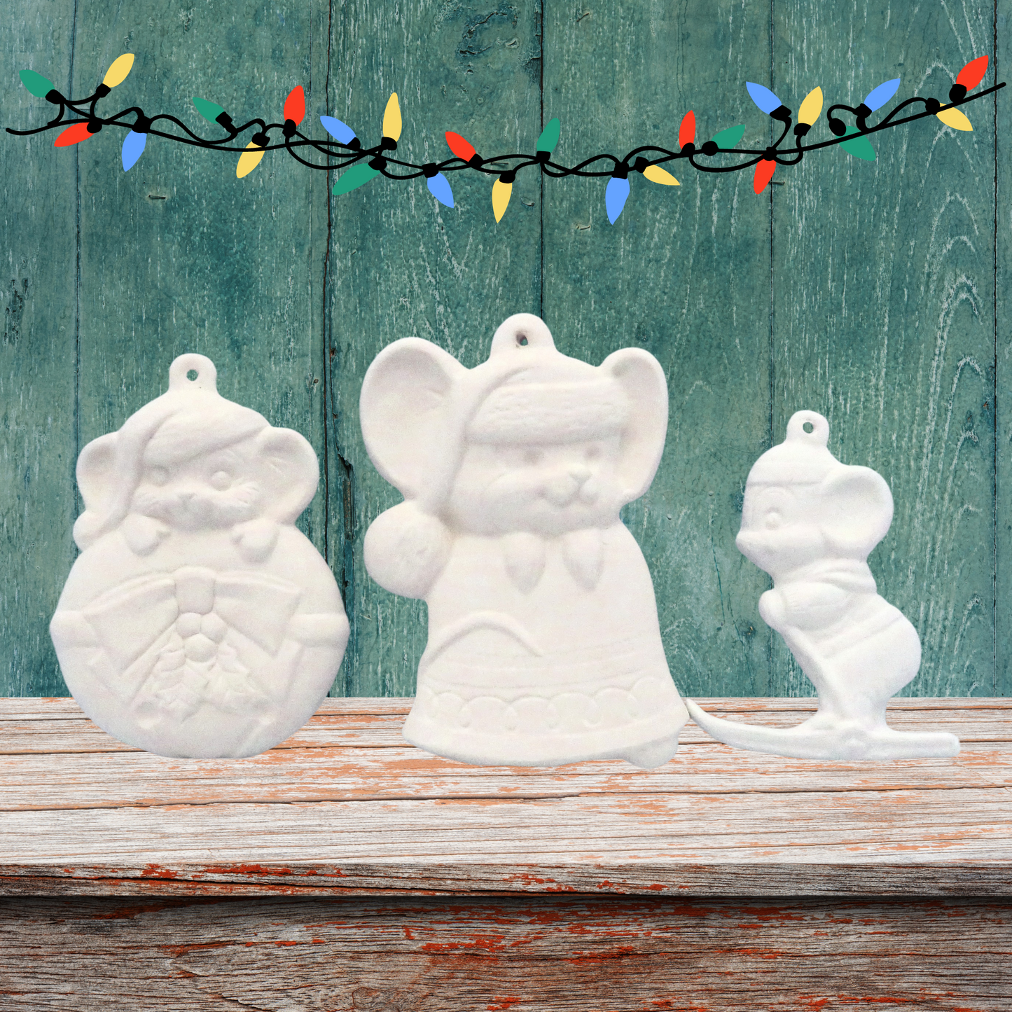 Handmade Ready to Paint Set of 3 Mouse Christmas Ornaments