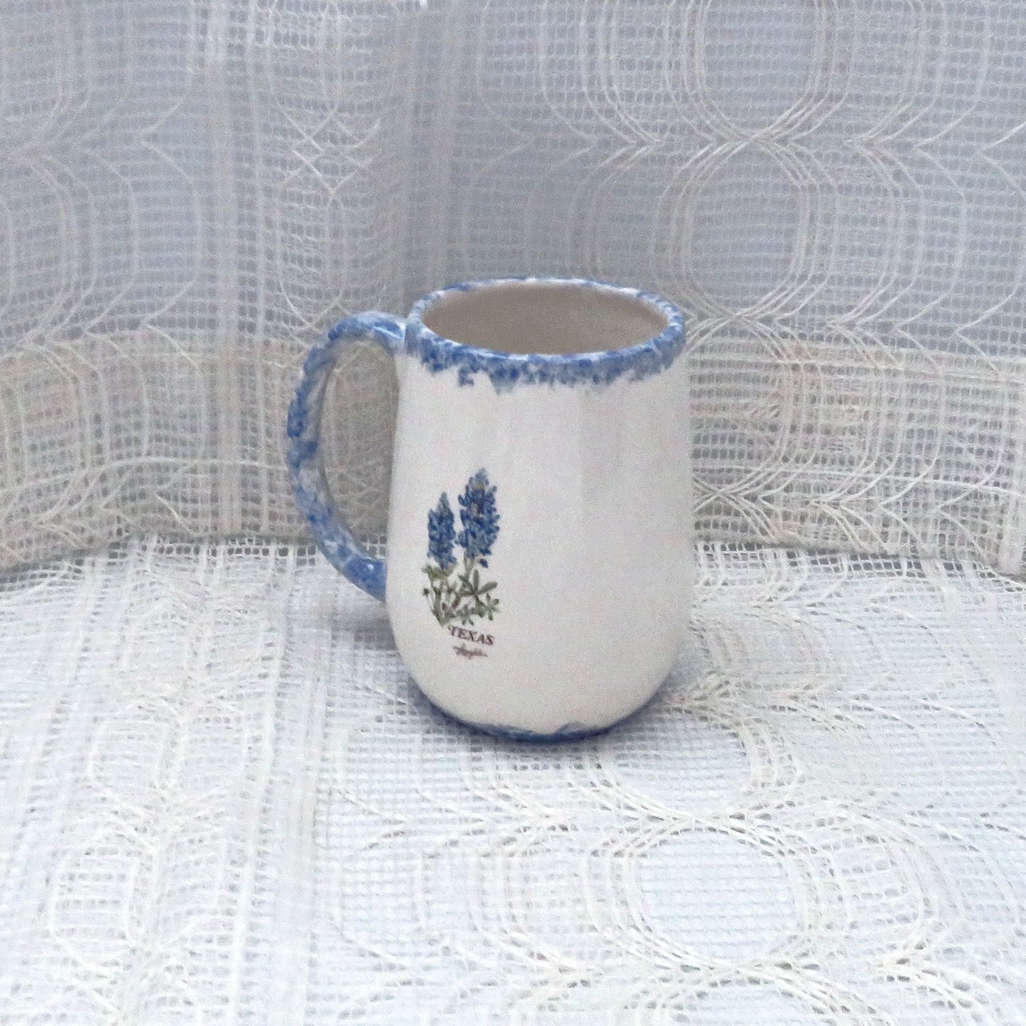 Handmade White Coffee Mug with Bluebonnet and Blue Trim, 10 Ounce Floral Ceramic Coffee Cup, Texas Decor, Texas Style Mug