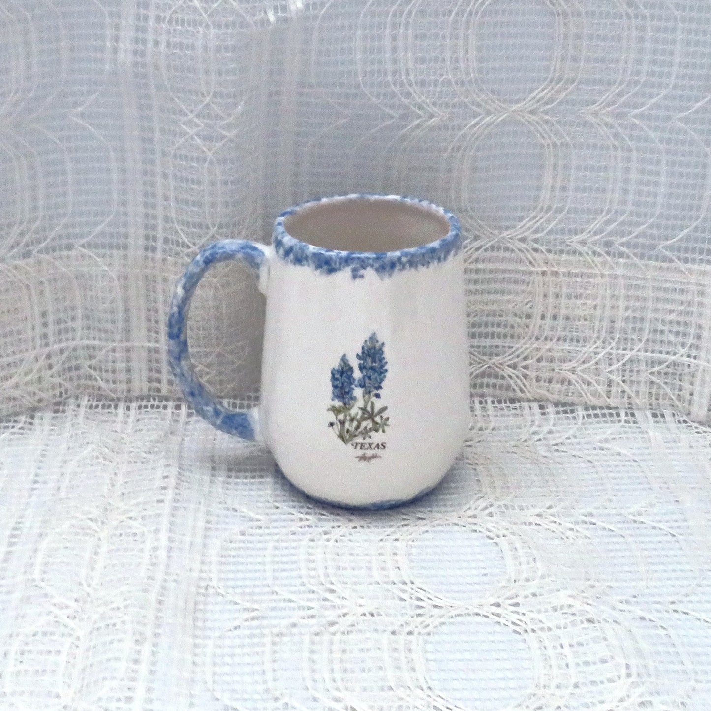Handmade White Coffee Mug with Bluebonnet and Blue Trim, 10 Ounce Floral Ceramic Coffee Cup, Texas Decor, Texas Style Mug