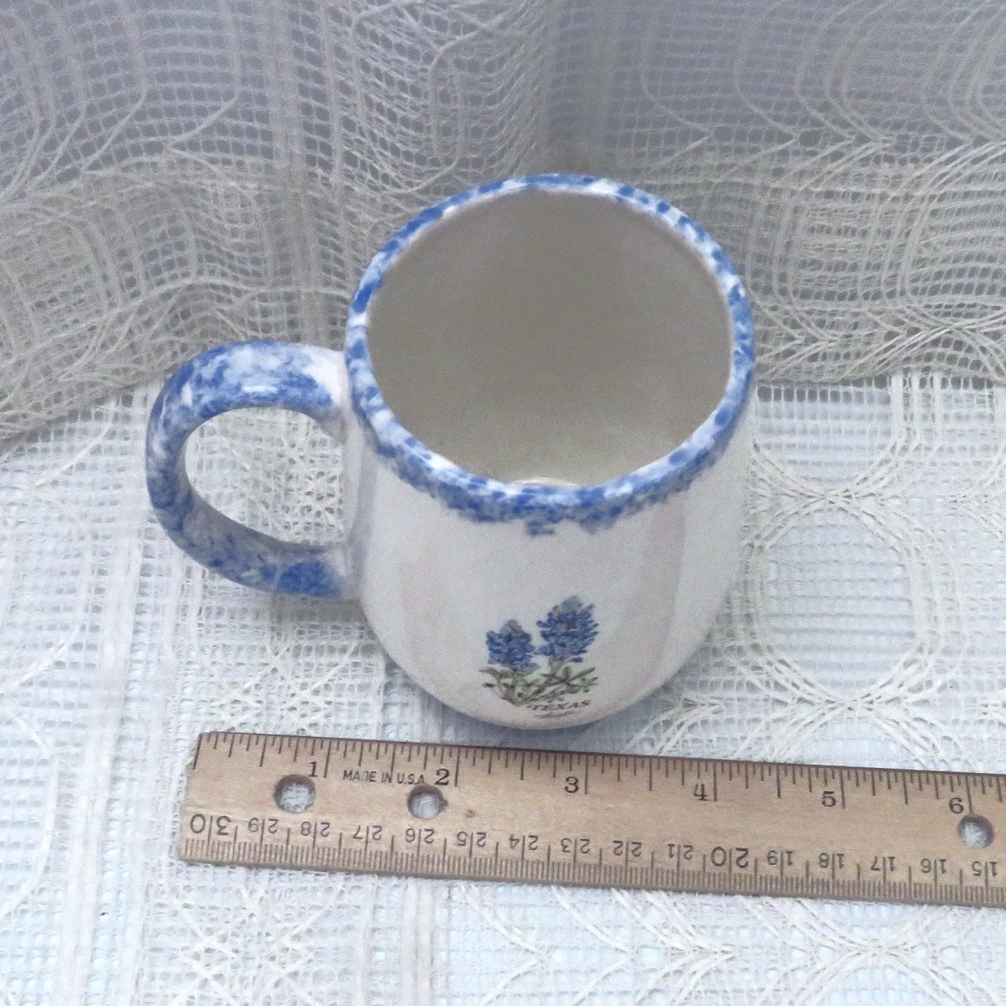 Handmade White Coffee Mug with Bluebonnet and Blue Trim, 10 Ounce Floral Ceramic Coffee Cup, Texas Decor, Texas Style Mug
