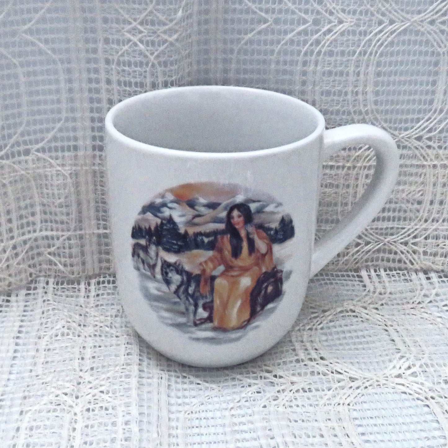 Handmade White Ceramic Coffee Mug with Native American Girl and Wolf, and Serenity Prayer, Coffee Cup, Native American Decor