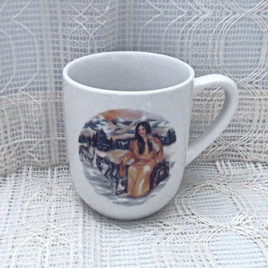 Handmade White Ceramic Coffee Mug with Native American Girl and Wolf, and Serenity Prayer, Coffee Cup, Native American Decor