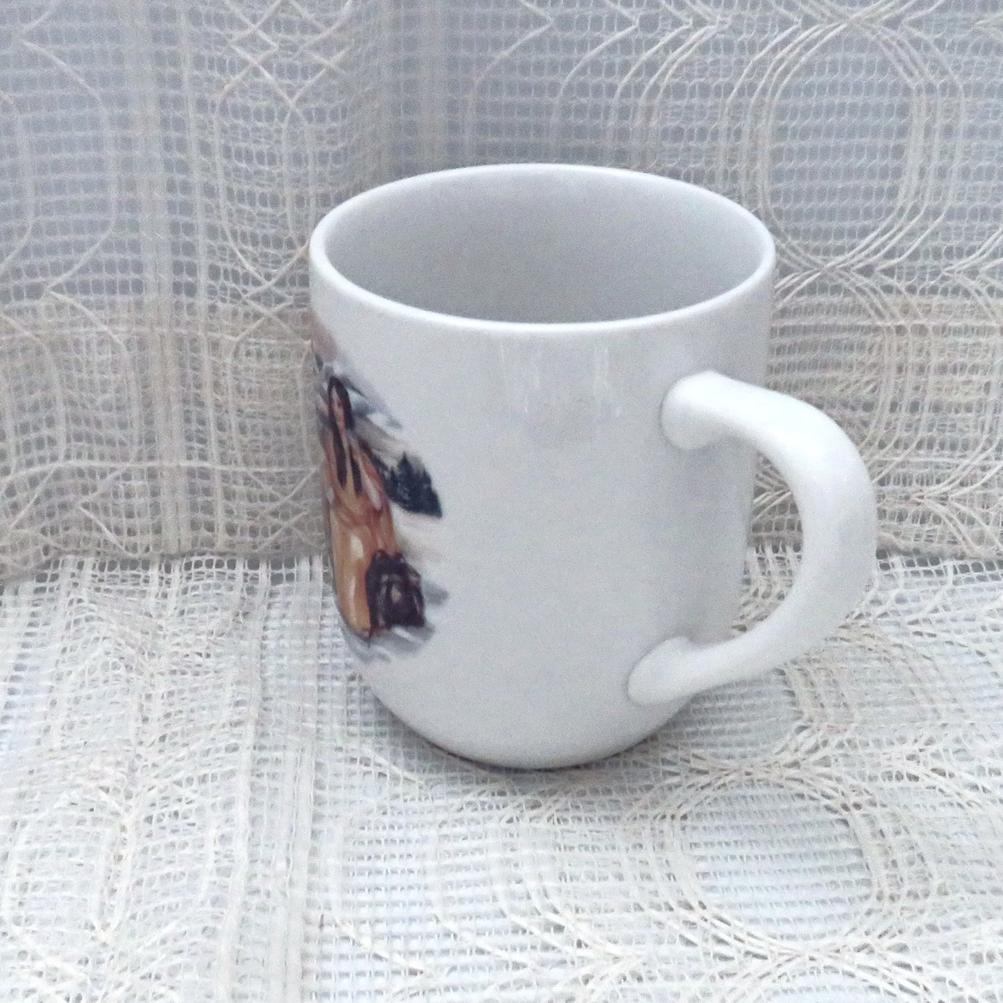 Handmade White Ceramic Coffee Mug with Native American Girl and Wolf, and Serenity Prayer, Coffee Cup, Native American Decor