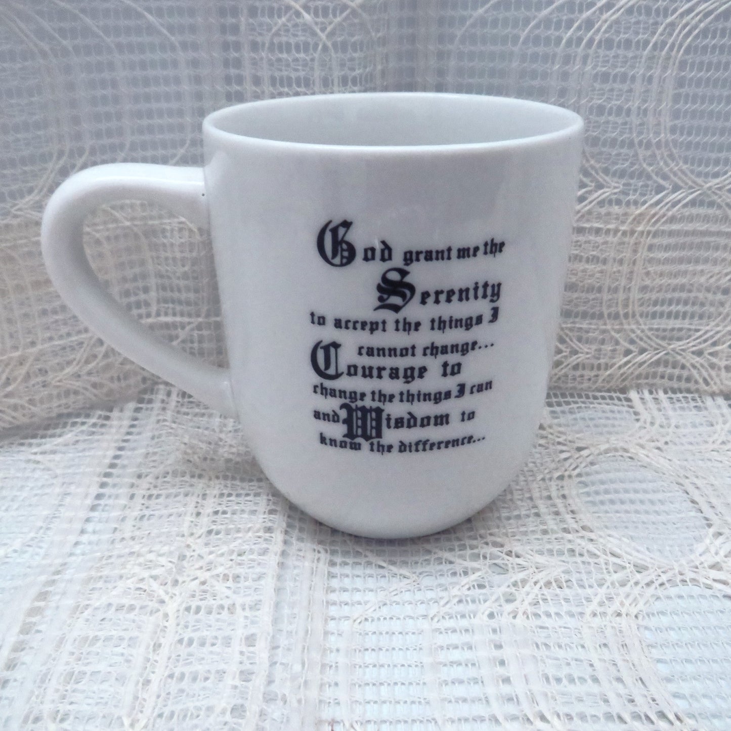 Handmade White Ceramic Coffee Mug with Native American Girl and Wolf, and Serenity Prayer, Coffee Cup, Native American Decor