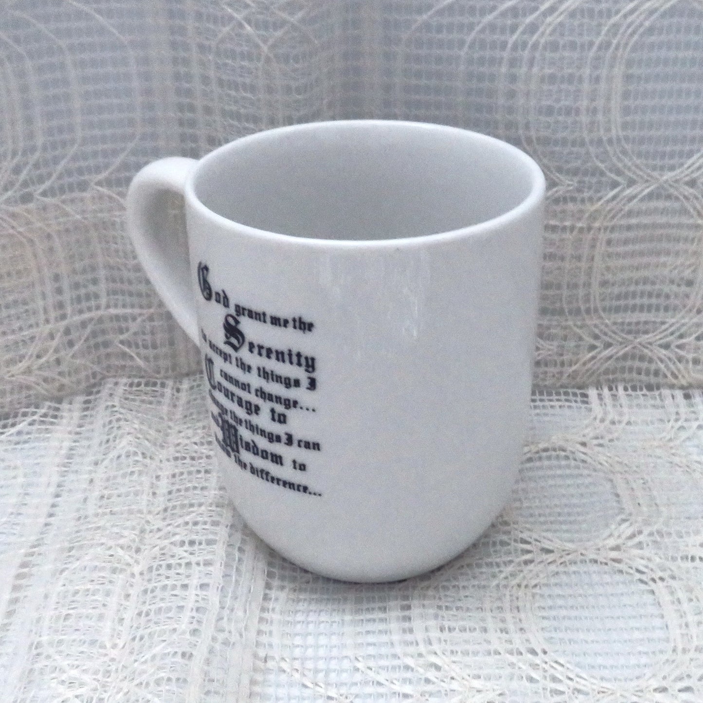 Handmade White Ceramic Coffee Mug with Native American Girl and Wolf, and Serenity Prayer, Coffee Cup, Native American Decor