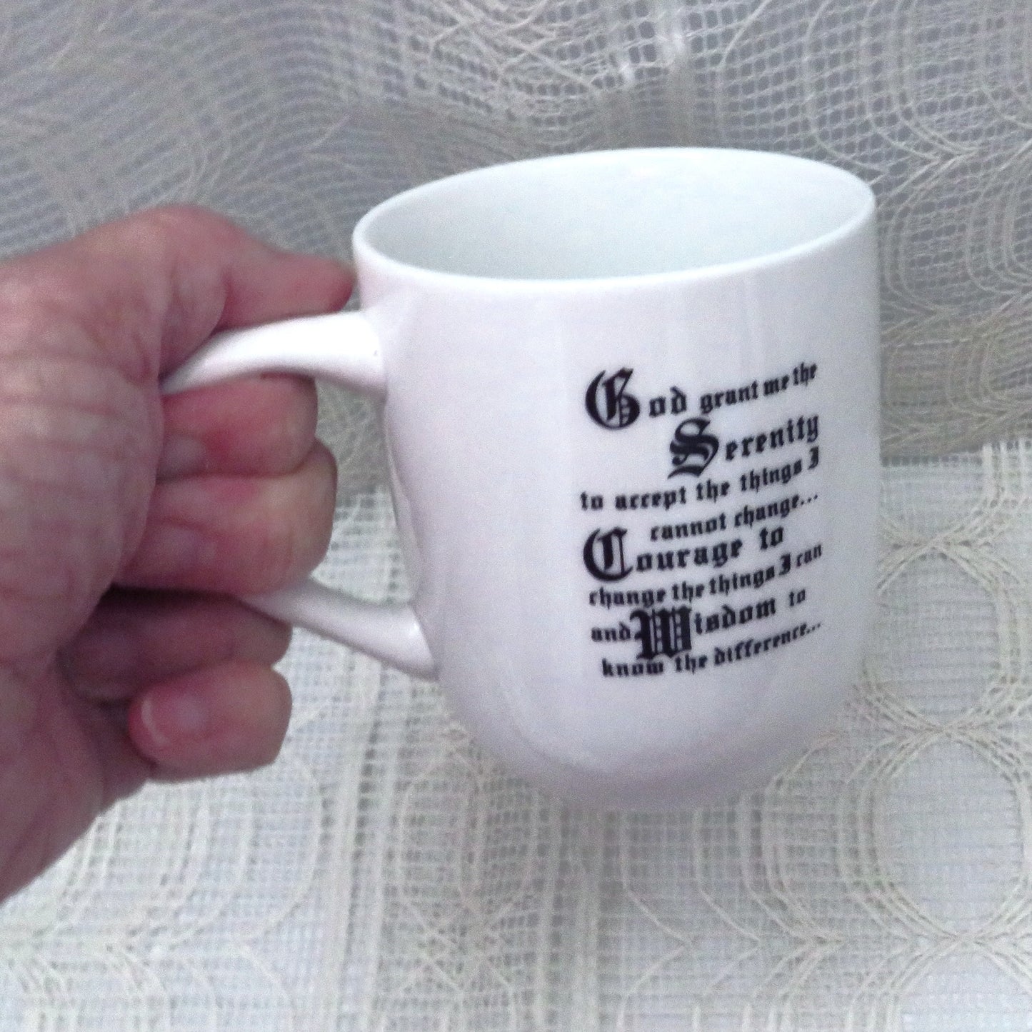 Handmade White Ceramic Coffee Mug with Native American Girl and Wolf, and Serenity Prayer, Coffee Cup, Native American Decor