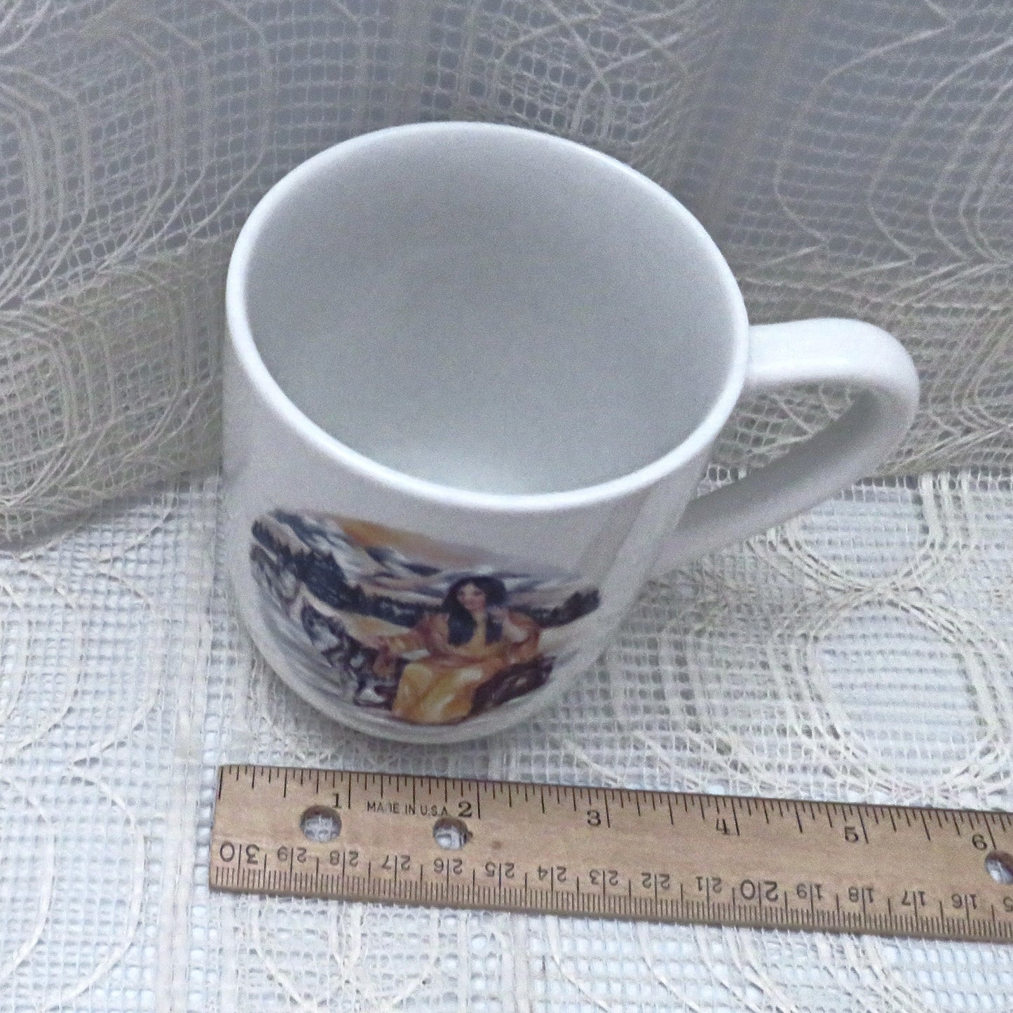 Handmade White Ceramic Coffee Mug with Native American Girl and Wolf, and Serenity Prayer, Coffee Cup, Native American Decor
