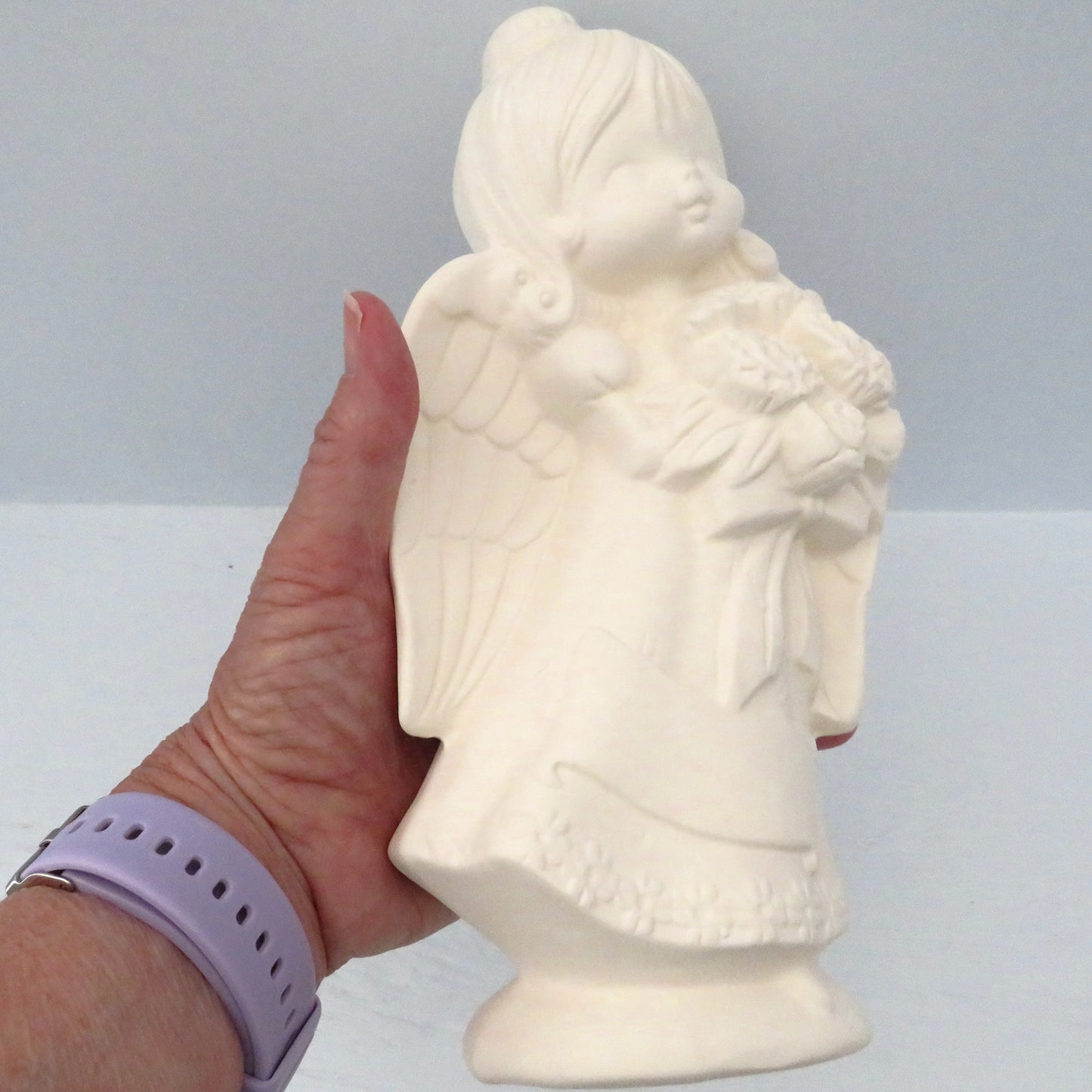 Handmade Ready to Paint Ceramic Angel Figurine Holding Flowers