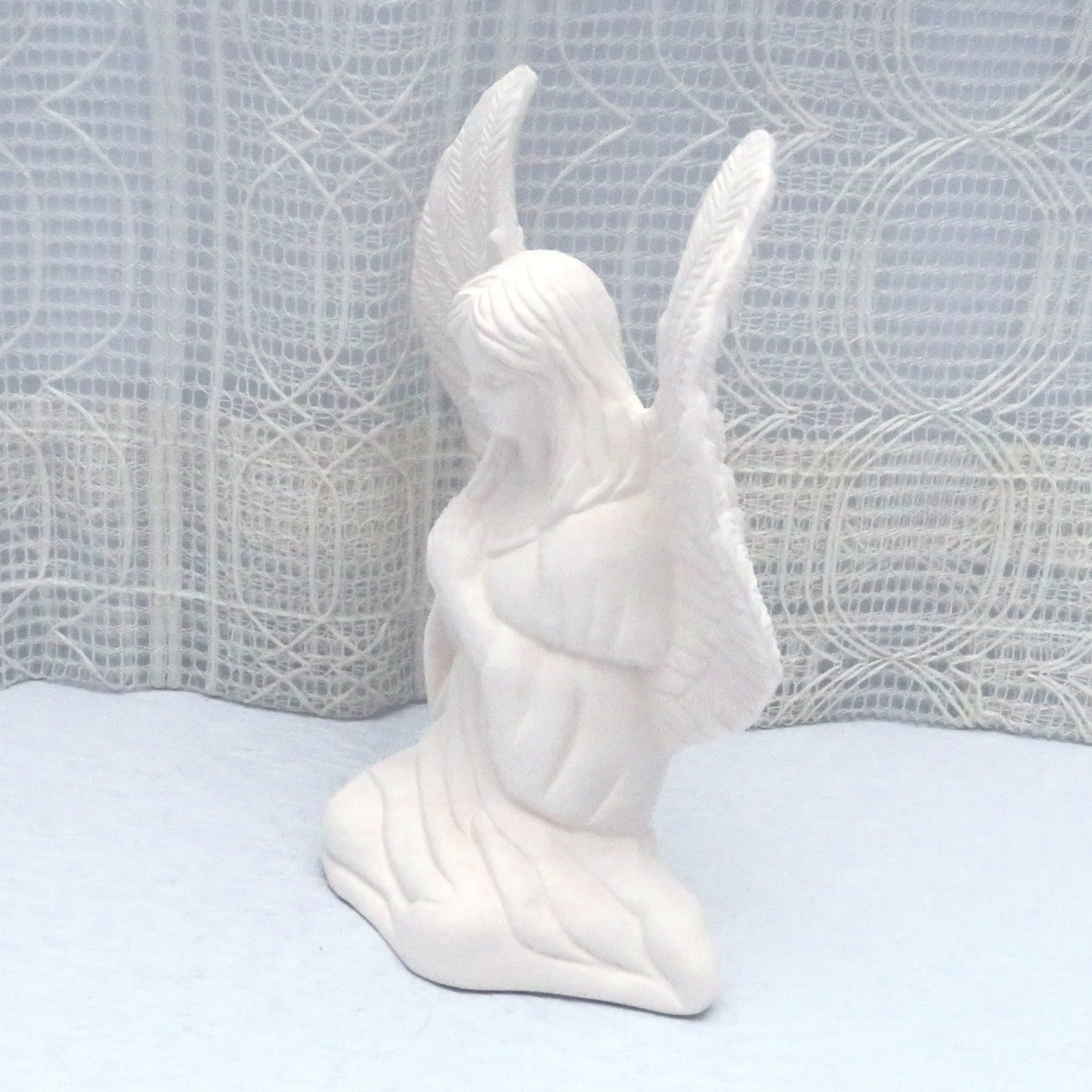 Handmade Ready to Paint Ceramic Side Sitting Angel Figurine, Unpainted Ceramic Bisque Angel Figurine