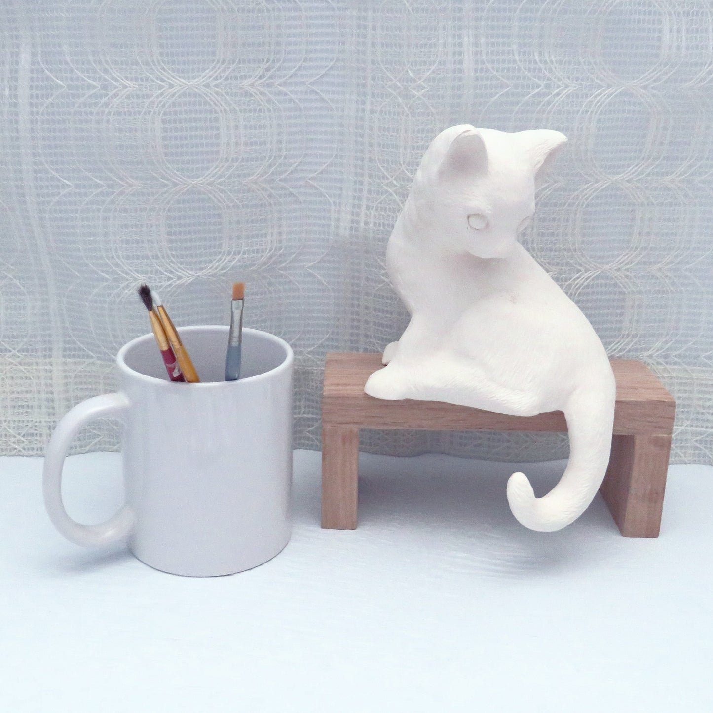 Handmade Unpainted Ceramic Sitting Shelf Cat Figurine, Ready to Paint Cat Statue