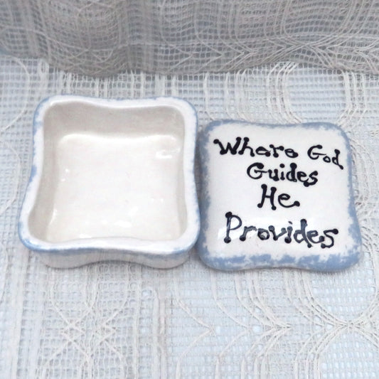 Handmade Ceramic Square Trinket Dish White and Blue Lidded with Inspirational Message, Handpainted Trinket Box, Candy Dish