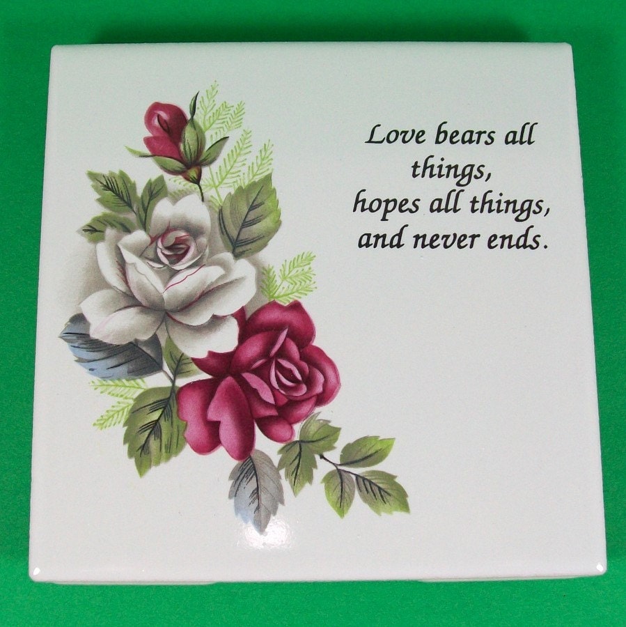 WhiteTrivet with Roses and Verse - Handmade Ceramic
