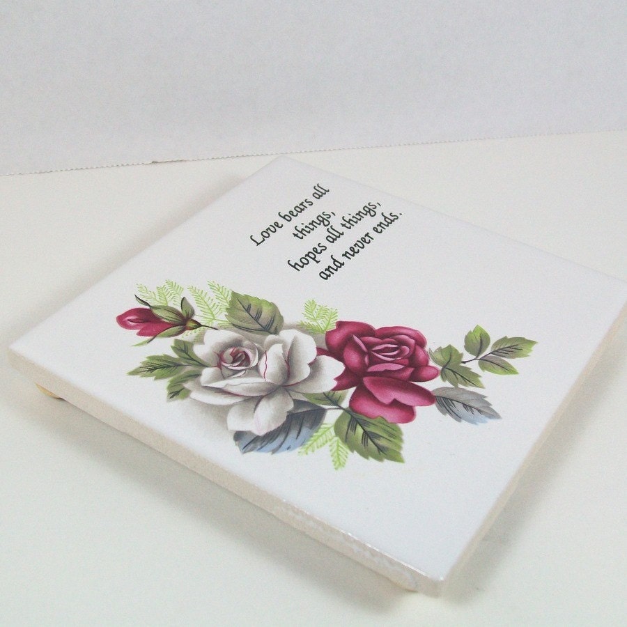 WhiteTrivet with Roses and Verse - Handmade Ceramic