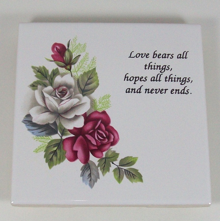 WhiteTrivet with Roses and Verse - Handmade Ceramic