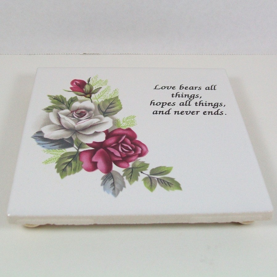 WhiteTrivet with Roses and Verse - Handmade Ceramic