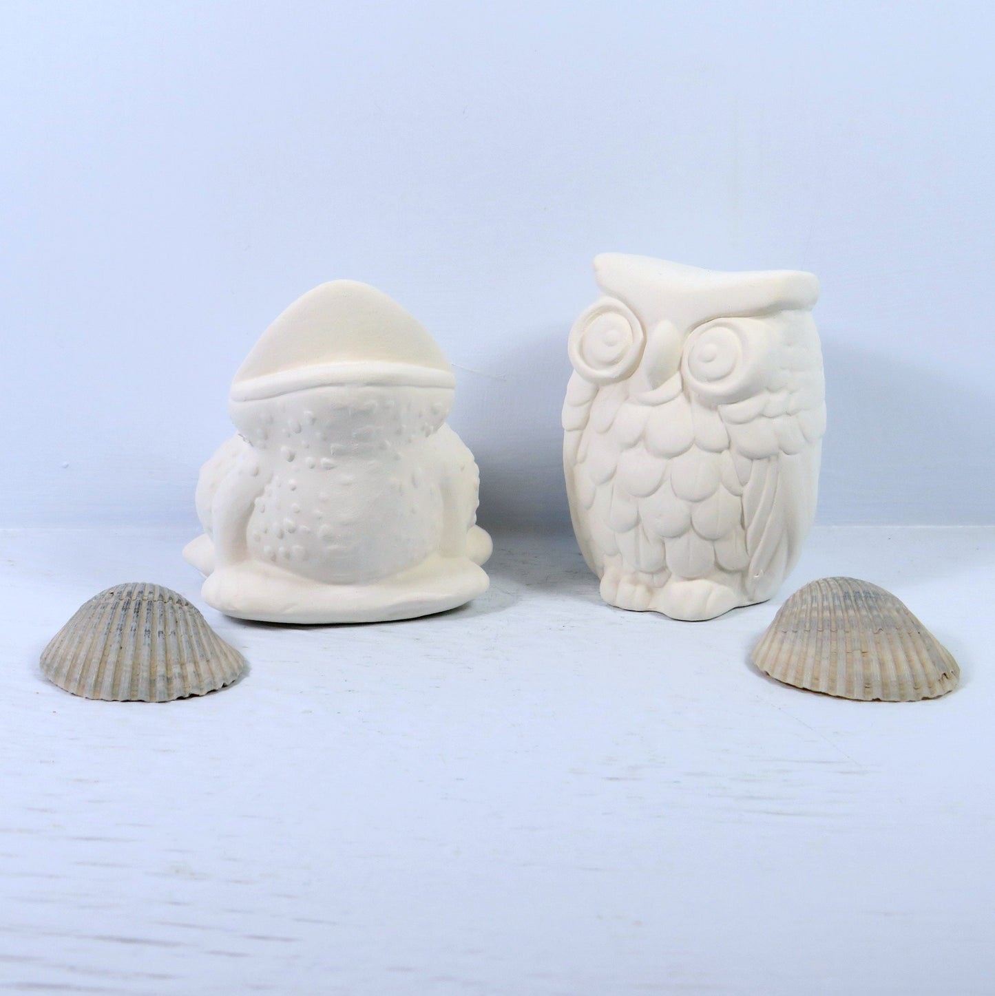Handmade Ceramic Bisque Owl and Frog Figurines, Unpainted Owl Statue, Ready to Paint Frog Statue, Ceramics to Paint, Owl and Frog Decor