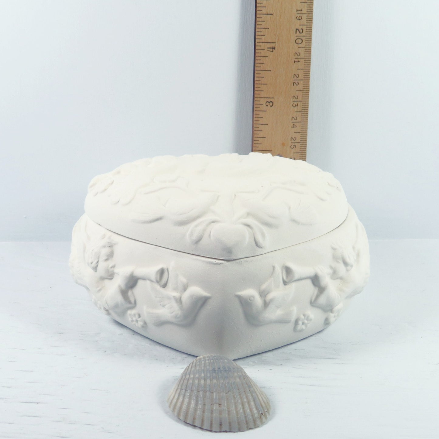 Handmade Unpainted Ceramic Angel Heart Shaped Covered Trinket Dish / Paint It Yourself Candy Dish and Lid / Ready To Paint / Angel Decor