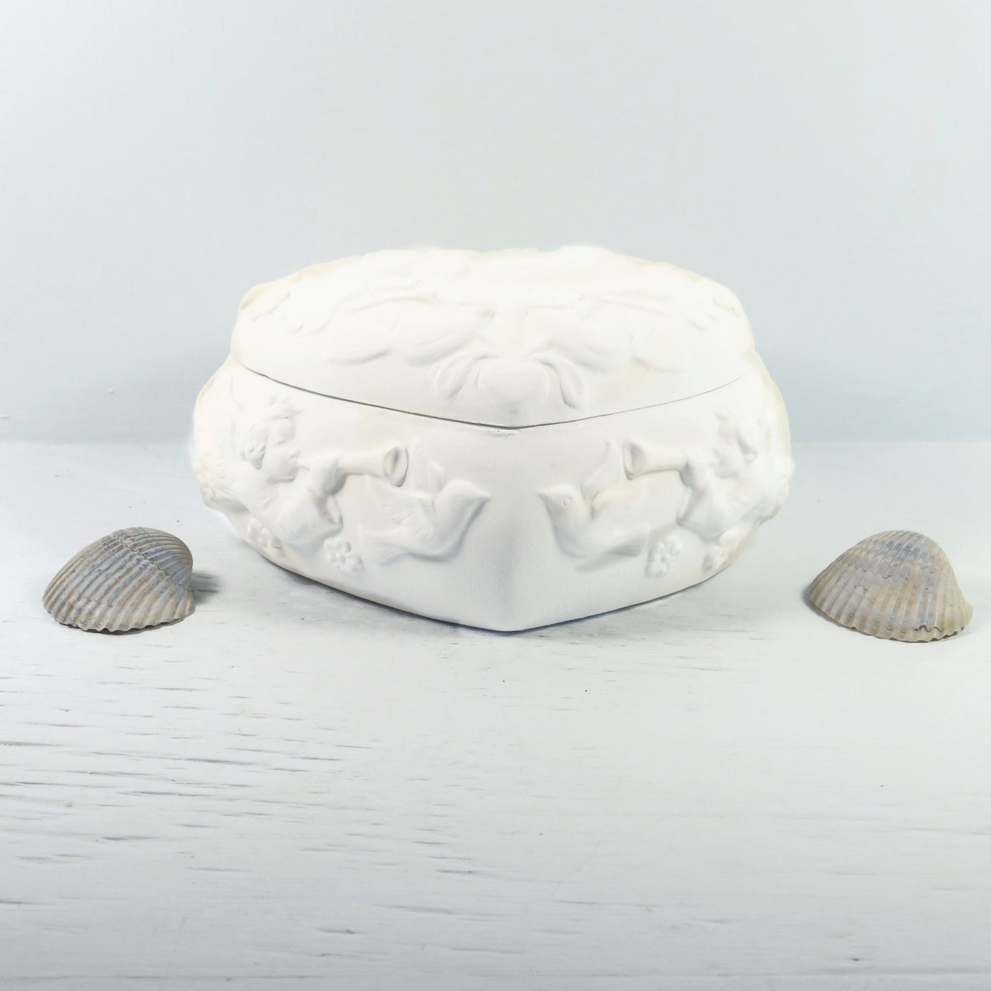 Handmade Unpainted Ceramic Angel Heart Shaped Covered Trinket Dish / Paint It Yourself Candy Dish and Lid / Ready To Paint / Angel Decor