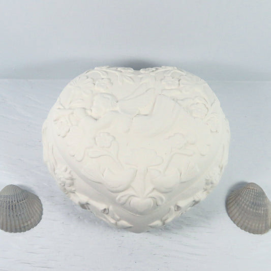 Handmade Unpainted Ceramic Angel Heart Shaped Covered Trinket Dish / Paint It Yourself Candy Dish and Lid / Ready To Paint / Angel Decor